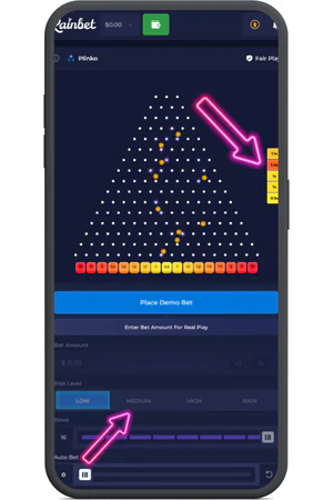 Kies rijen, risiconiveau en inzet bij Rainbet Plinko