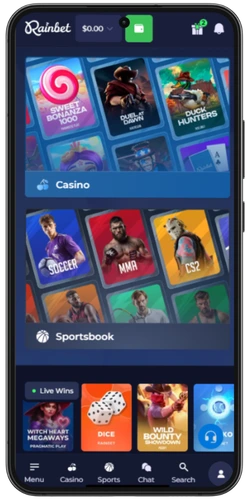Rainbet startscherm op mobiel met casino, sportsbook en Live Wins