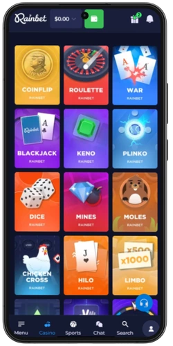 Rainbet Originals overzicht met Coinflip, Roulette, Plinko en Mines op mobiel