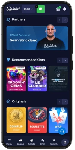 Rainbet app met partners, aanbevolen slots en Originals op mobiel