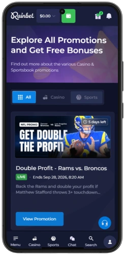 Rainbet promotiepagina op mobiel met casino- en sportbonussen