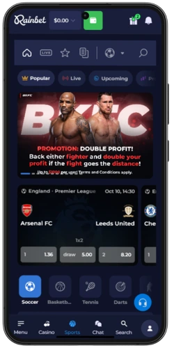 Rainbet sportsbook op mobiel met live odds en Double Profit promotie